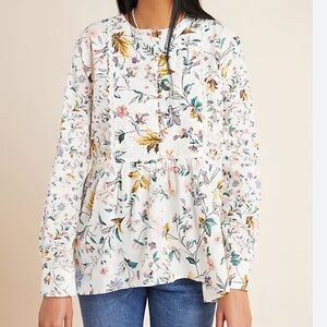 Anthropologie White Floral Half Button Down Flowy Boho Shirt Size Large